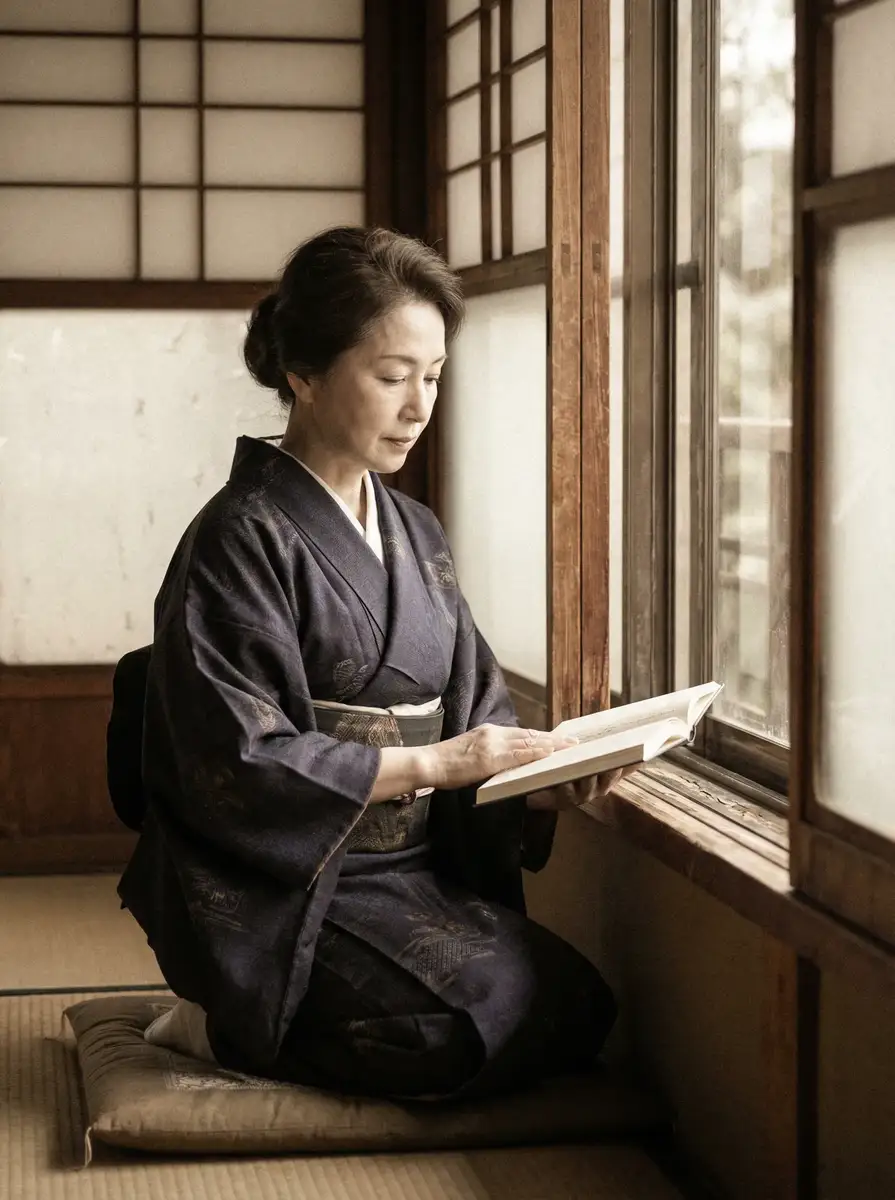 一位优雅的五十岁 [森日向子]森日向子官方入口_最新森日向子 身穿深蓝色和服，在窗边静读