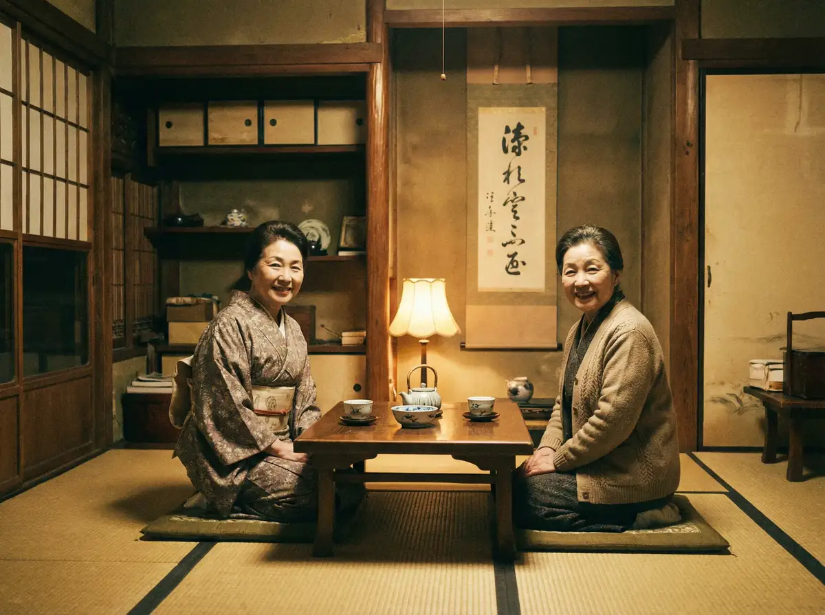 两位优雅的 [森日向子]森日向子官方入口_最新森日向子 在日式茶室中品茶交谈